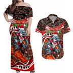 Merry Christmas Dolphins Couples Matching Off Shoulder Maxi Dress and Hawaiian Shirt Aboriginal Santa Rugby Mascot - Redcliffe