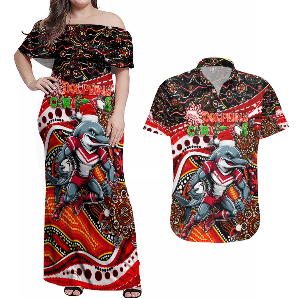 Merry Christmas Dolphins Couples Matching Off Shoulder Maxi Dress and Hawaiian Shirt Aboriginal Santa Rugby Mascot - Redcliffe