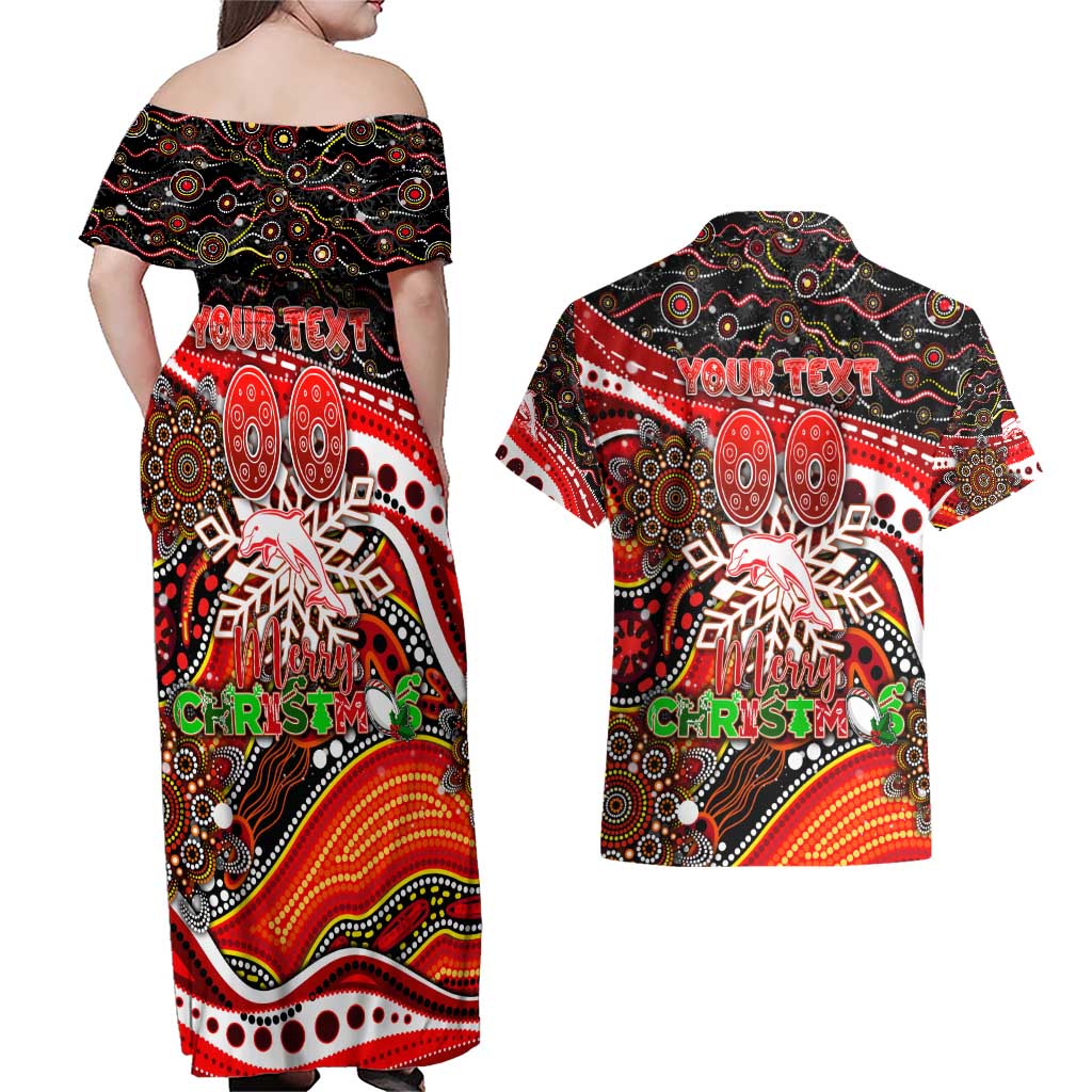 Merry Christmas Dolphins Couples Matching Off Shoulder Maxi Dress and Hawaiian Shirt Aboriginal Santa Rugby Mascot - Redcliffe
