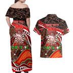 Merry Christmas Dolphins Couples Matching Off Shoulder Maxi Dress and Hawaiian Shirt Aboriginal Santa Rugby Mascot - Redcliffe