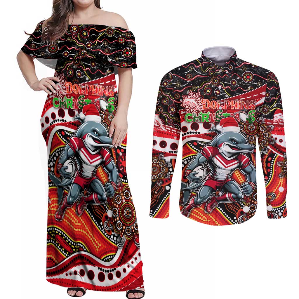 Merry Christmas Dolphins Couples Matching Off Shoulder Maxi Dress and Long Sleeve Button Shirt Aboriginal Santa Rugby Mascot - Redcliffe