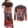 Merry Christmas Dolphins Couples Matching Off Shoulder Maxi Dress and Long Sleeve Button Shirt Aboriginal Santa Rugby Mascot - Redcliffe