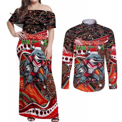 Merry Christmas Dolphins Couples Matching Off Shoulder Maxi Dress and Long Sleeve Button Shirt Aboriginal Santa Rugby Mascot - Redcliffe