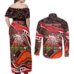 Merry Christmas Dolphins Couples Matching Off Shoulder Maxi Dress and Long Sleeve Button Shirt Aboriginal Santa Rugby Mascot - Redcliffe