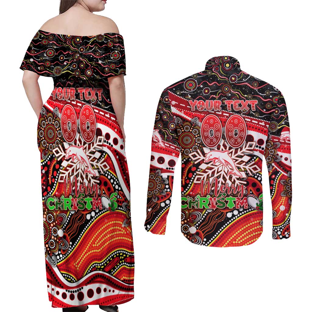 Merry Christmas Dolphins Couples Matching Off Shoulder Maxi Dress and Long Sleeve Button Shirt Aboriginal Santa Rugby Mascot - Redcliffe
