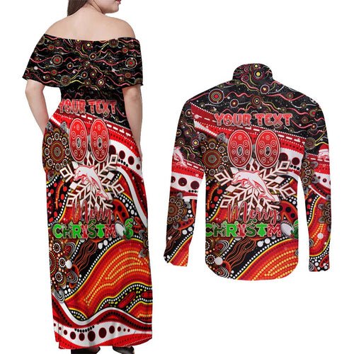 Merry Christmas Dolphins Couples Matching Off Shoulder Maxi Dress and Long Sleeve Button Shirt Aboriginal Santa Rugby Mascot - Redcliffe