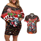 Merry Christmas Dolphins Couples Matching Off Shoulder Short Dress and Hawaiian Shirt Aboriginal Santa Rugby Mascot - Redcliffe