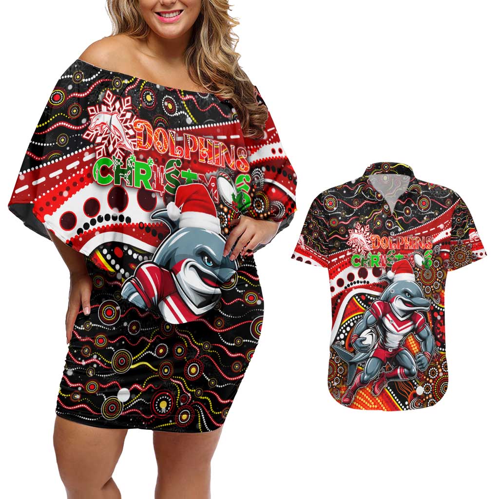 Merry Christmas Dolphins Couples Matching Off Shoulder Short Dress and Hawaiian Shirt Aboriginal Santa Rugby Mascot - Redcliffe