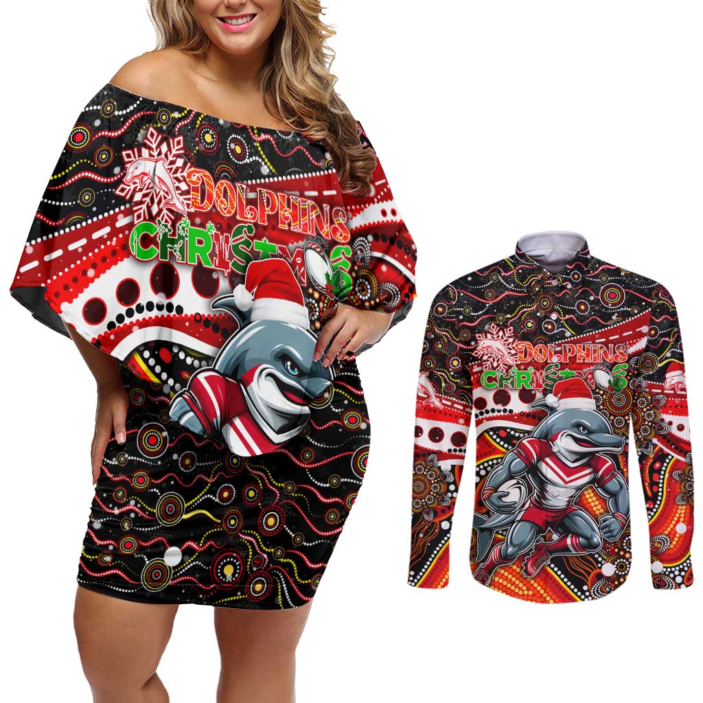 Merry Christmas Dolphins Couples Matching Off Shoulder Short Dress and Long Sleeve Button Shirt Aboriginal Santa Rugby Mascot - Redcliffe