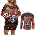 Merry Christmas Dolphins Couples Matching Off Shoulder Short Dress and Long Sleeve Button Shirt Aboriginal Santa Rugby Mascot - Redcliffe