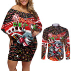 Merry Christmas Dolphins Couples Matching Off Shoulder Short Dress and Long Sleeve Button Shirt Aboriginal Santa Rugby Mascot - Redcliffe