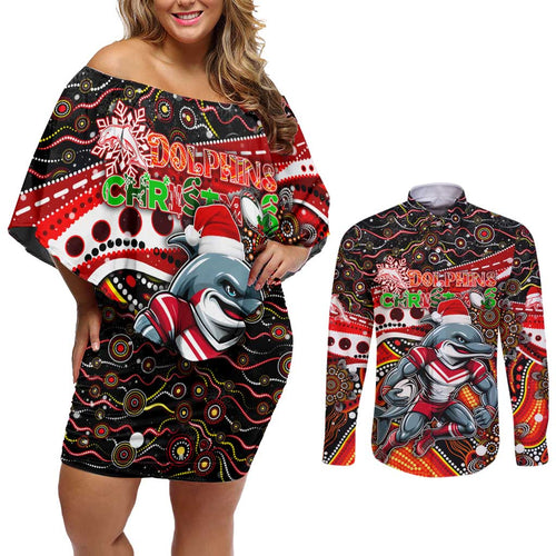 Merry Christmas Dolphins Couples Matching Off Shoulder Short Dress and Long Sleeve Button Shirt Aboriginal Santa Rugby Mascot - Redcliffe