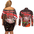 Merry Christmas Dolphins Couples Matching Off Shoulder Short Dress and Long Sleeve Button Shirt Aboriginal Santa Rugby Mascot - Redcliffe