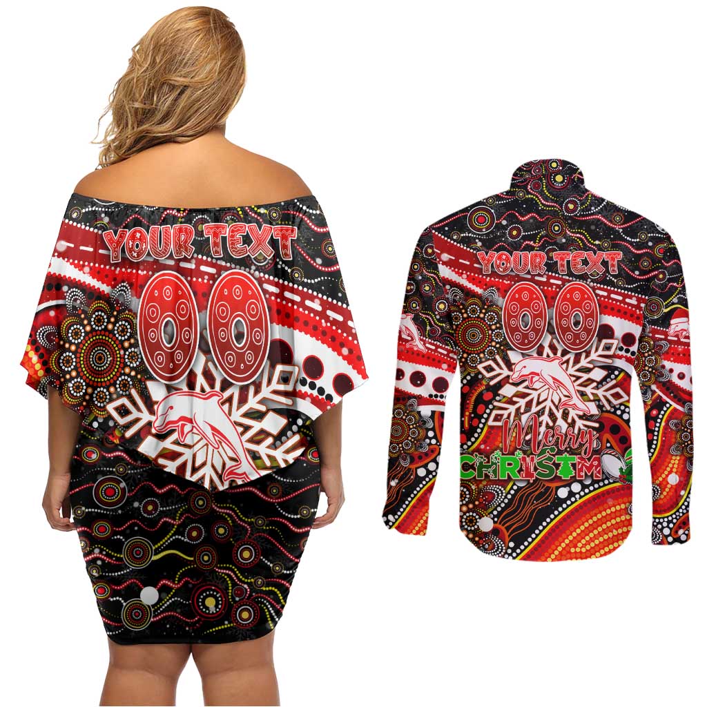 Merry Christmas Dolphins Couples Matching Off Shoulder Short Dress and Long Sleeve Button Shirt Aboriginal Santa Rugby Mascot - Redcliffe