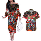 Merry Christmas Dolphins Couples Matching Off The Shoulder Long Sleeve Dress and Hawaiian Shirt Aboriginal Santa Rugby Mascot - Redcliffe