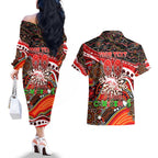 Merry Christmas Dolphins Couples Matching Off The Shoulder Long Sleeve Dress and Hawaiian Shirt Aboriginal Santa Rugby Mascot - Redcliffe