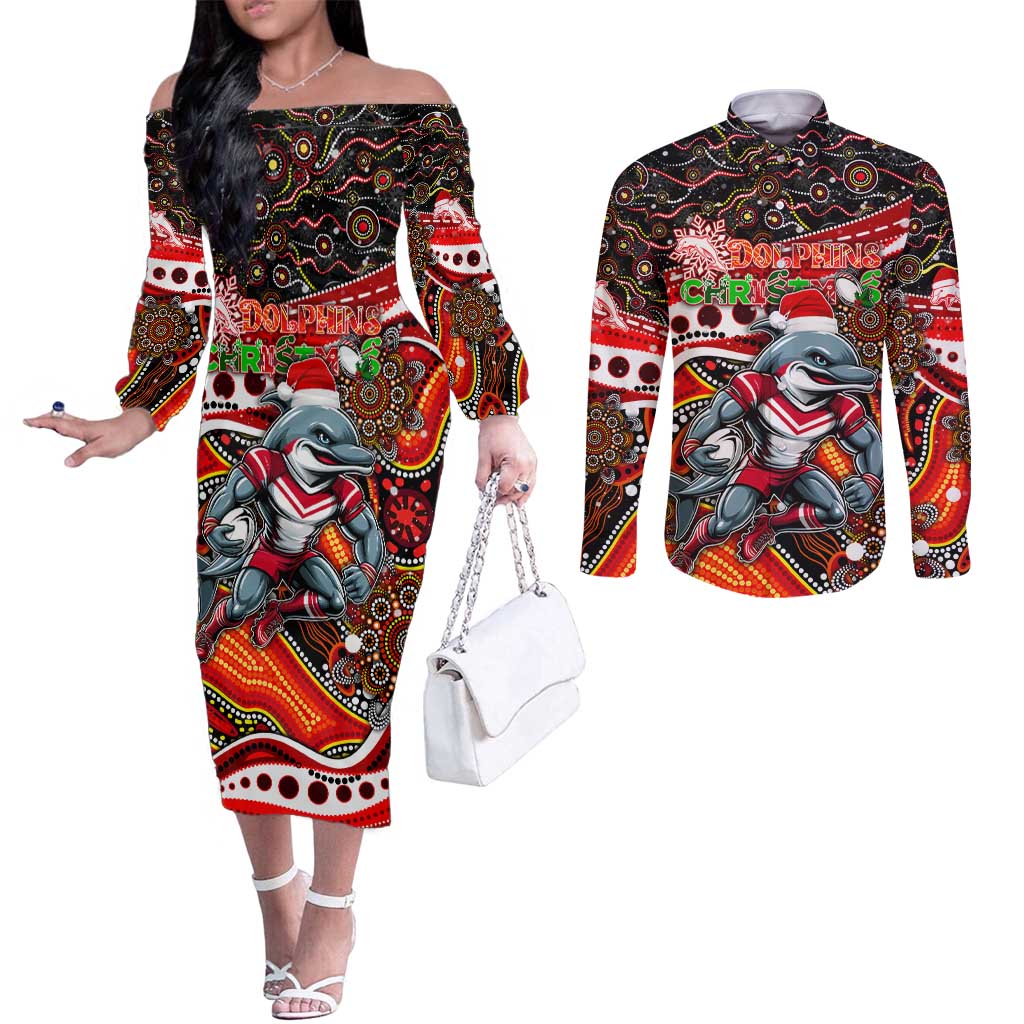 Merry Christmas Dolphins Couples Matching Off The Shoulder Long Sleeve Dress and Long Sleeve Button Shirt Aboriginal Santa Rugby Mascot - Redcliffe