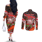 Merry Christmas Dolphins Couples Matching Off The Shoulder Long Sleeve Dress and Long Sleeve Button Shirt Aboriginal Santa Rugby Mascot - Redcliffe