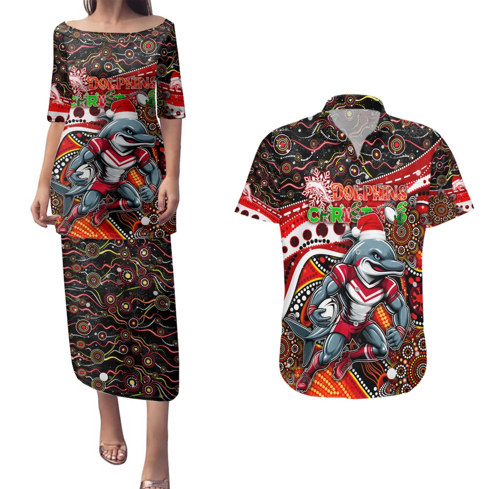 Merry Christmas Dolphins Couples Matching Puletasi and Hawaiian Shirt Aboriginal Santa Rugby Mascot - Redcliffe