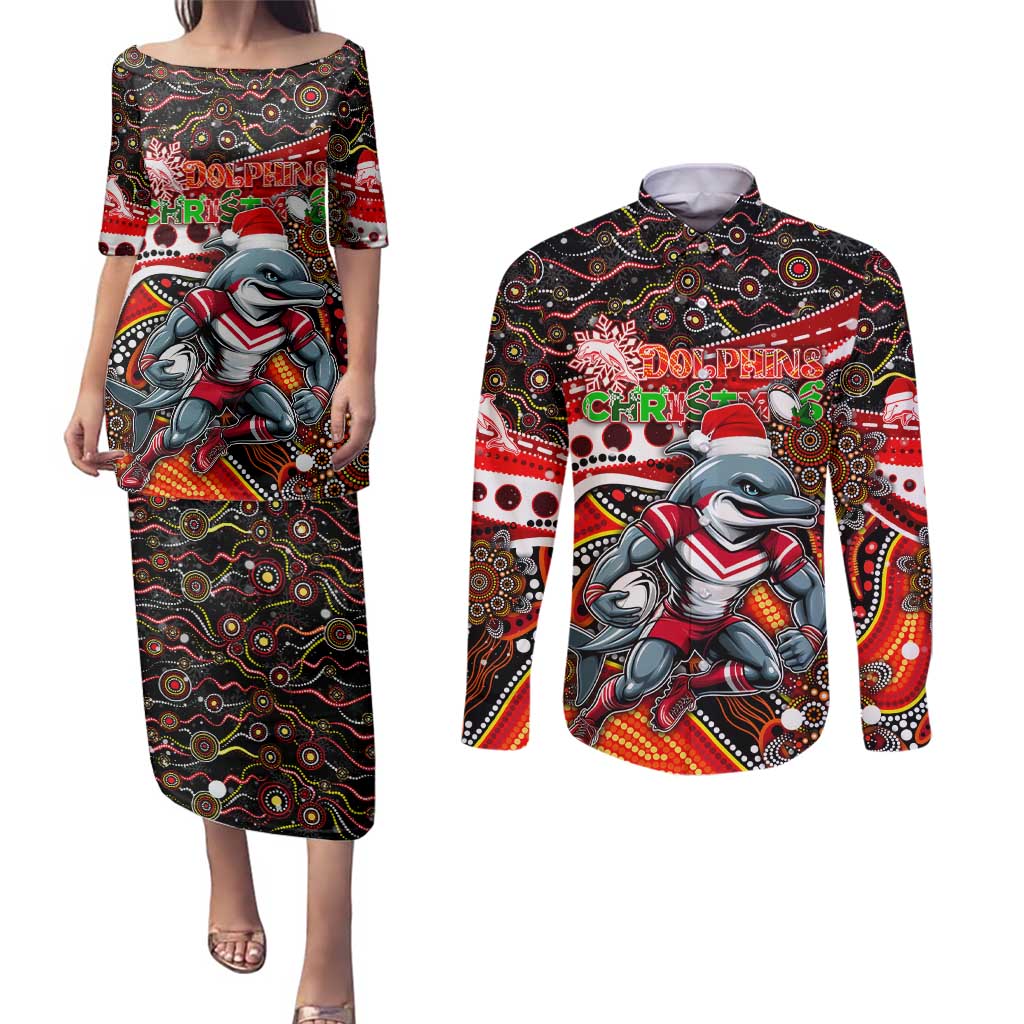 Merry Christmas Dolphins Couples Matching Puletasi and Long Sleeve Button Shirt Aboriginal Santa Rugby Mascot - Redcliffe