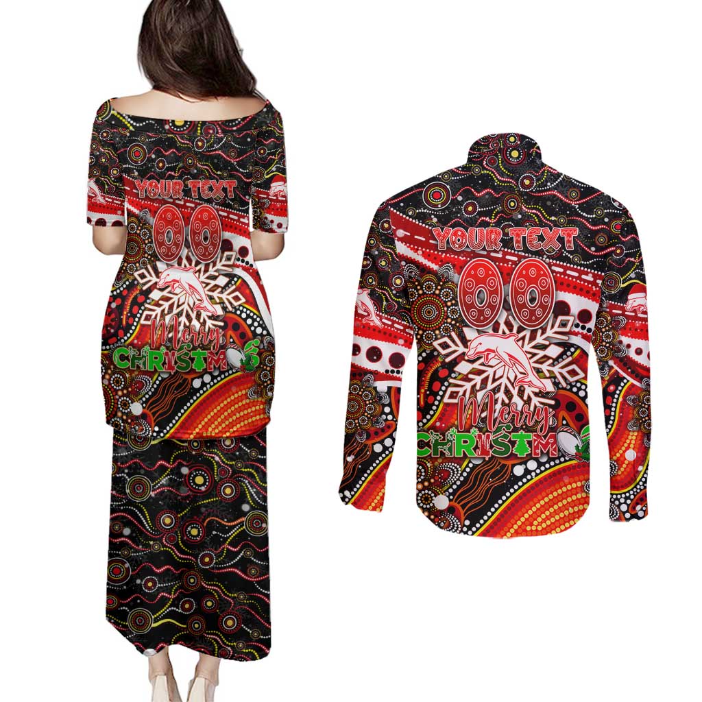 Merry Christmas Dolphins Couples Matching Puletasi and Long Sleeve Button Shirt Aboriginal Santa Rugby Mascot - Redcliffe