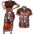 Merry Christmas Dolphins Couples Matching Short Sleeve Bodycon Dress and Hawaiian Shirt Aboriginal Santa Rugby Mascot - Redcliffe