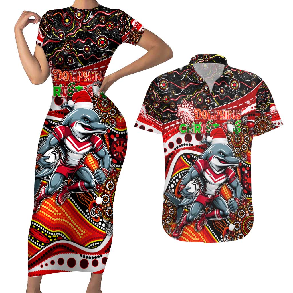 Merry Christmas Dolphins Couples Matching Short Sleeve Bodycon Dress and Hawaiian Shirt Aboriginal Santa Rugby Mascot - Redcliffe