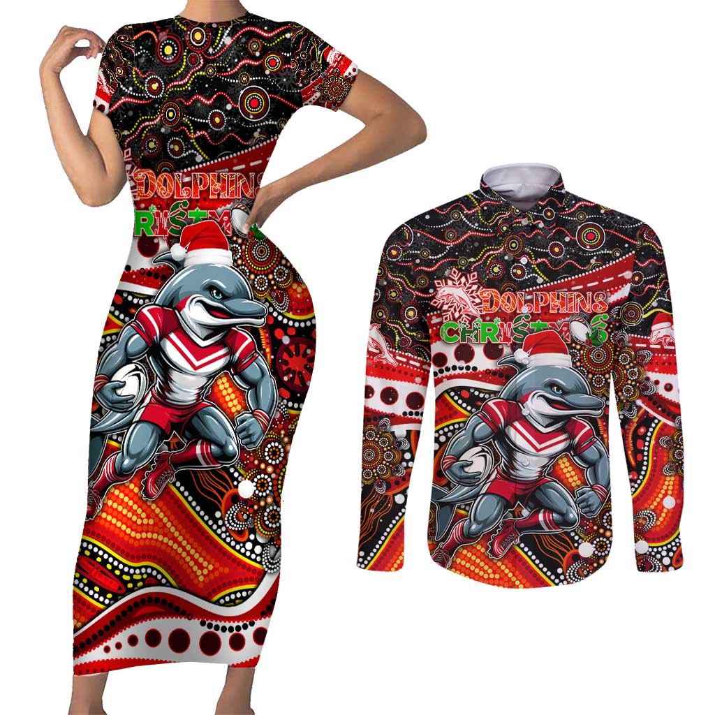 Merry Christmas Dolphins Couples Matching Short Sleeve Bodycon Dress and Long Sleeve Button Shirt Aboriginal Santa Rugby Mascot - Redcliffe