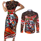 Merry Christmas Dolphins Couples Matching Short Sleeve Bodycon Dress and Long Sleeve Button Shirt Aboriginal Santa Rugby Mascot - Redcliffe