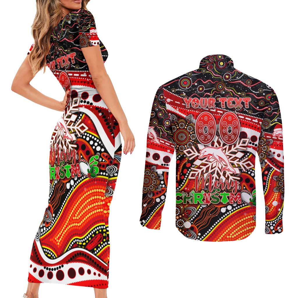 Merry Christmas Dolphins Couples Matching Short Sleeve Bodycon Dress and Long Sleeve Button Shirt Aboriginal Santa Rugby Mascot - Redcliffe