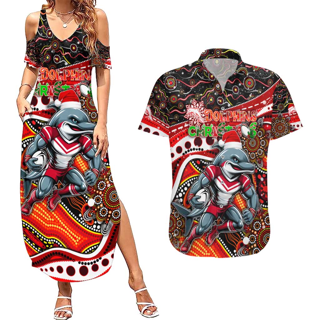 Merry Christmas Dolphins Couples Matching Summer Maxi Dress and Hawaiian Shirt Aboriginal Santa Rugby Mascot - Redcliffe