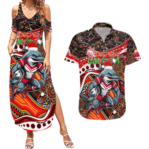 Merry Christmas Dolphins Couples Matching Summer Maxi Dress and Hawaiian Shirt Aboriginal Santa Rugby Mascot - Redcliffe