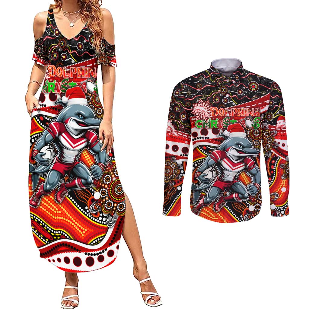 Merry Christmas Dolphins Couples Matching Summer Maxi Dress and Long Sleeve Button Shirt Aboriginal Santa Rugby Mascot - Redcliffe