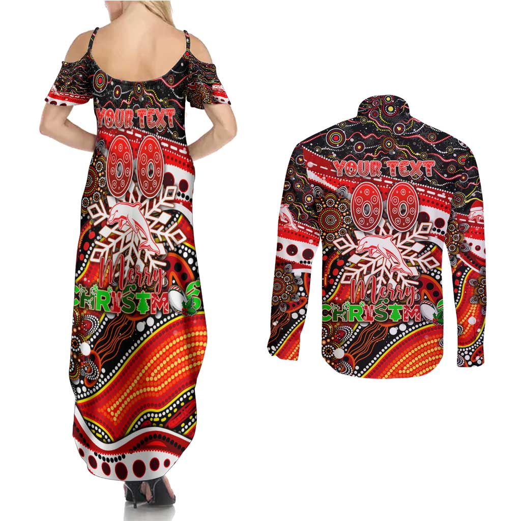 Merry Christmas Dolphins Couples Matching Summer Maxi Dress and Long Sleeve Button Shirt Aboriginal Santa Rugby Mascot - Redcliffe