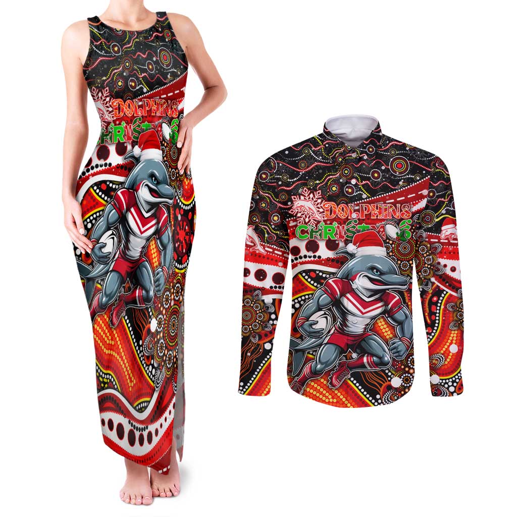 Merry Christmas Dolphins Couples Matching Tank Maxi Dress and Long Sleeve Button Shirt Aboriginal Santa Rugby Mascot - Redcliffe