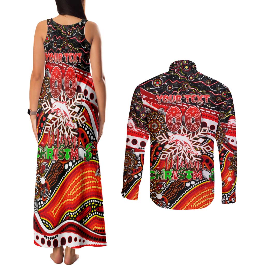 Merry Christmas Dolphins Couples Matching Tank Maxi Dress and Long Sleeve Button Shirt Aboriginal Santa Rugby Mascot - Redcliffe