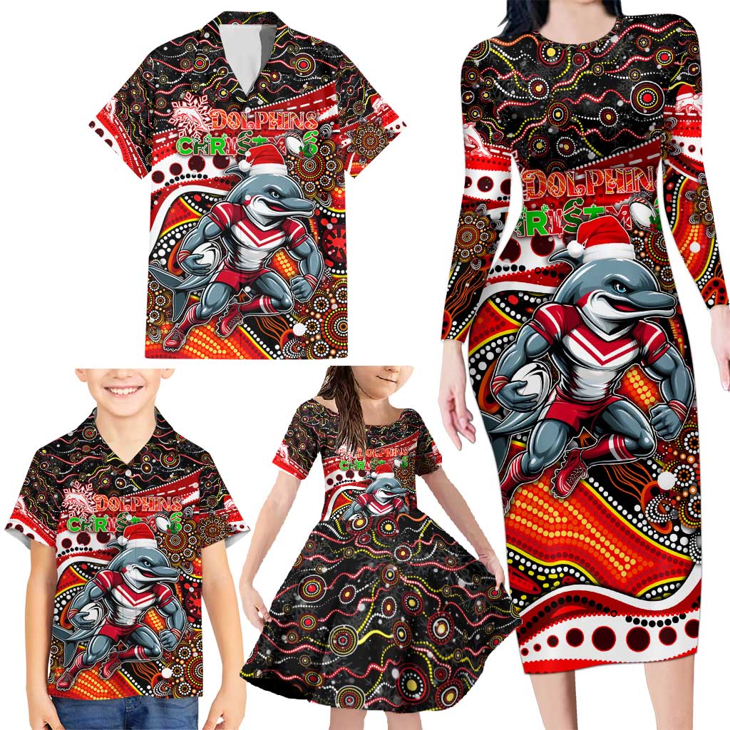 Merry Christmas Dolphins Family Matching Long Sleeve Bodycon Dress and Hawaiian Shirt Aboriginal Santa Rugby Mascot - Redcliffe