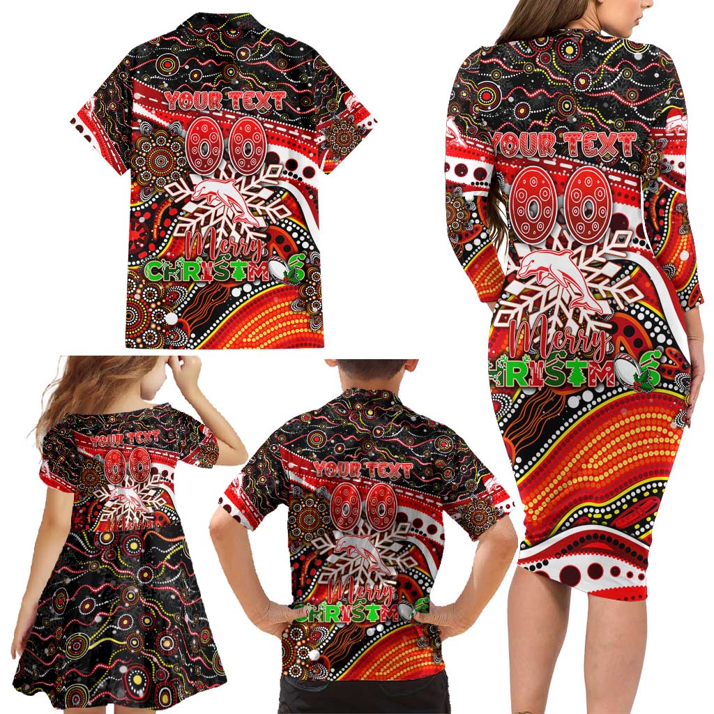 Merry Christmas Dolphins Family Matching Long Sleeve Bodycon Dress and Hawaiian Shirt Aboriginal Santa Rugby Mascot - Redcliffe