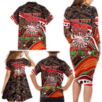 Merry Christmas Dolphins Family Matching Long Sleeve Bodycon Dress and Hawaiian Shirt Aboriginal Santa Rugby Mascot - Redcliffe