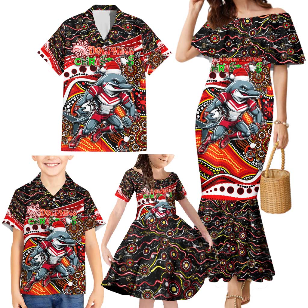 Merry Christmas Dolphins Family Matching Mermaid Dress and Hawaiian Shirt Aboriginal Santa Rugby Mascot - Redcliffe