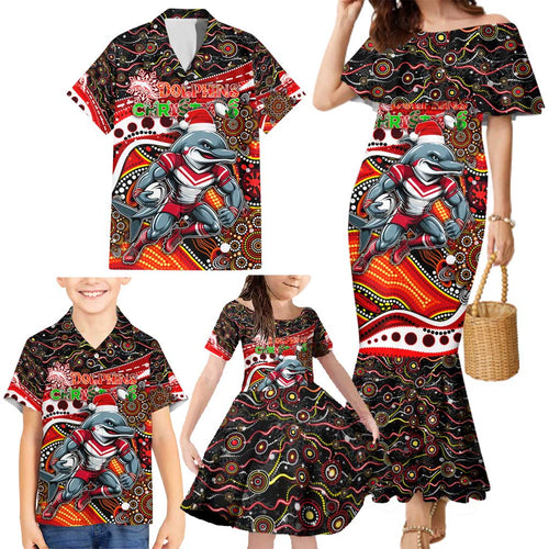 Merry Christmas Dolphins Family Matching Mermaid Dress and Hawaiian Shirt Aboriginal Santa Rugby Mascot - Redcliffe