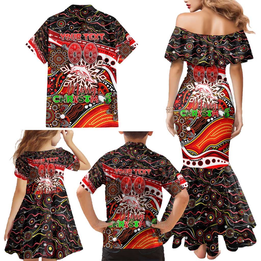Merry Christmas Dolphins Family Matching Mermaid Dress and Hawaiian Shirt Aboriginal Santa Rugby Mascot - Redcliffe
