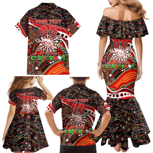 Merry Christmas Dolphins Family Matching Mermaid Dress and Hawaiian Shirt Aboriginal Santa Rugby Mascot - Redcliffe