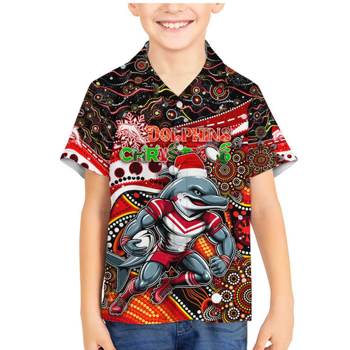 Merry Christmas Dolphins Family Matching Mermaid Dress and Hawaiian Shirt Aboriginal Santa Rugby Mascot - Redcliffe