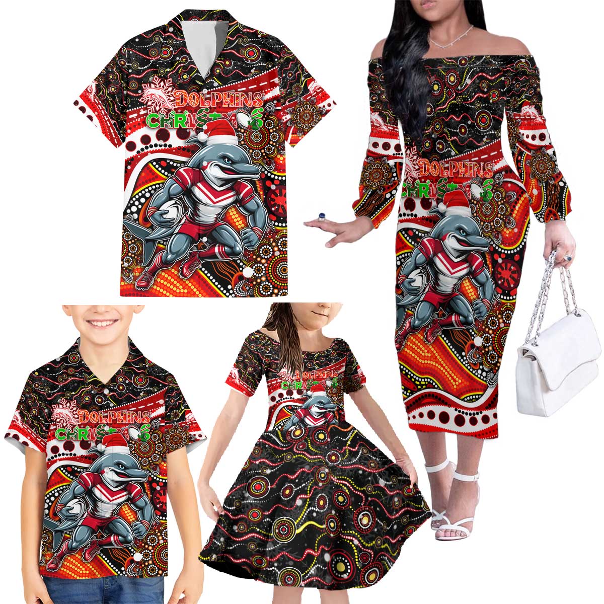 Merry Christmas Dolphins Family Matching Off The Shoulder Long Sleeve Dress and Hawaiian Shirt Aboriginal Santa Rugby Mascot - Redcliffe