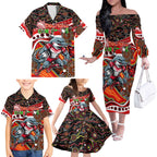 Merry Christmas Dolphins Family Matching Off The Shoulder Long Sleeve Dress and Hawaiian Shirt Aboriginal Santa Rugby Mascot - Redcliffe