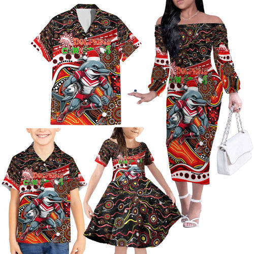 Merry Christmas Dolphins Family Matching Off The Shoulder Long Sleeve Dress and Hawaiian Shirt Aboriginal Santa Rugby Mascot - Redcliffe