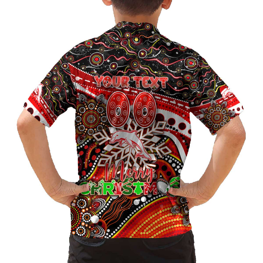Merry Christmas Dolphins Family Matching Off The Shoulder Long Sleeve Dress and Hawaiian Shirt Aboriginal Santa Rugby Mascot - Redcliffe