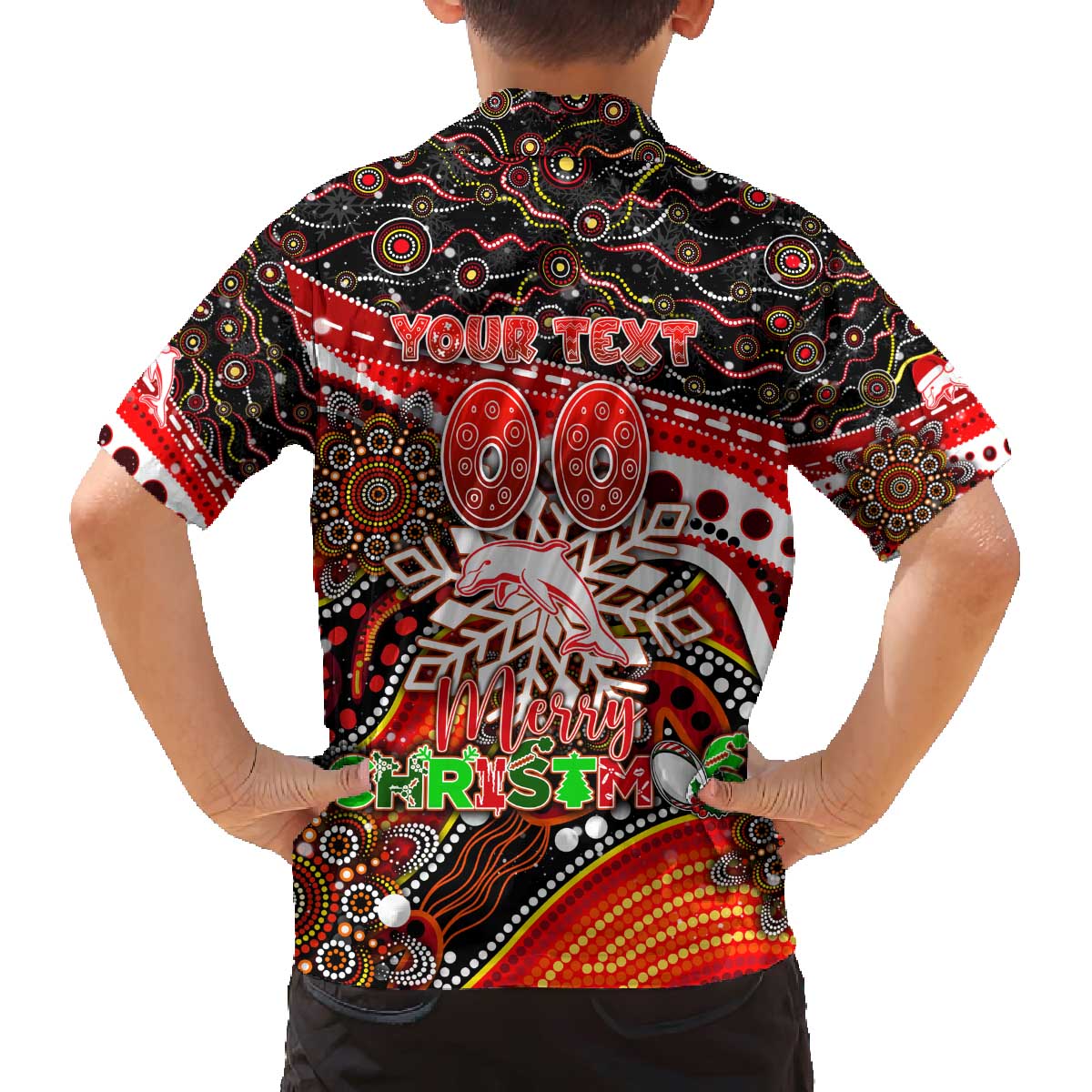 Merry Christmas Dolphins Family Matching Off The Shoulder Long Sleeve Dress and Hawaiian Shirt Aboriginal Santa Rugby Mascot - Redcliffe