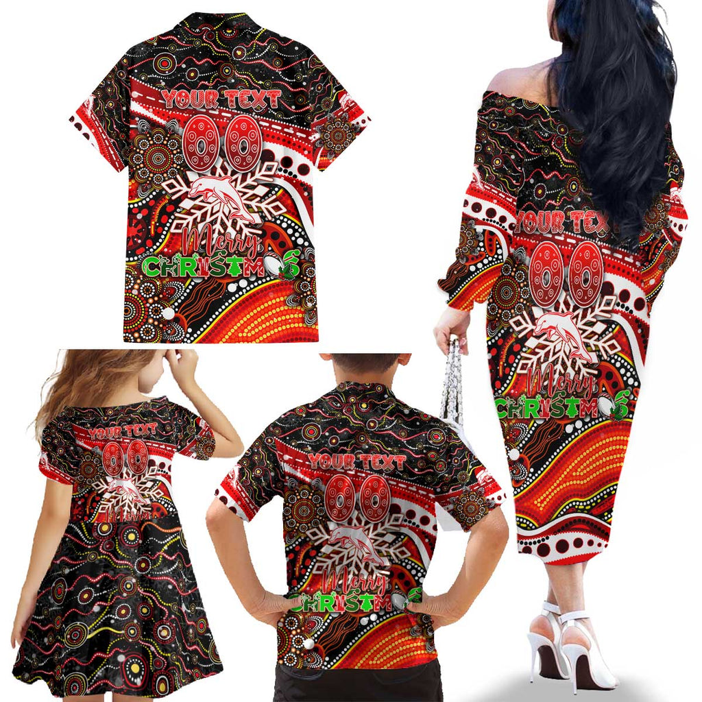 Merry Christmas Dolphins Family Matching Off The Shoulder Long Sleeve Dress and Hawaiian Shirt Aboriginal Santa Rugby Mascot - Redcliffe
